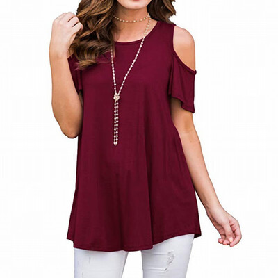 

Loose T-Shirt womens Round Neck Short Sleeve Solid Color Hem Knitting Design Top