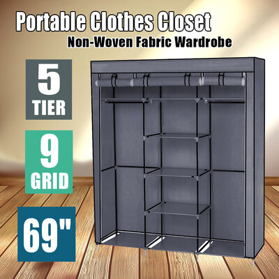 

69" Portable Clothes Closet Non-Woven Fabric Wardrobe Double Rod Storage Organizer Gray