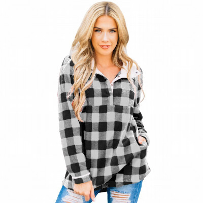 

Plaid womens sweatshirt lapel long-sleeved warm sweatshirt shirt womens