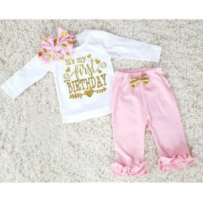 

US First Birthday Newborn Baby Girl Pink Clothes T Shirt Top Pants Outfit Set