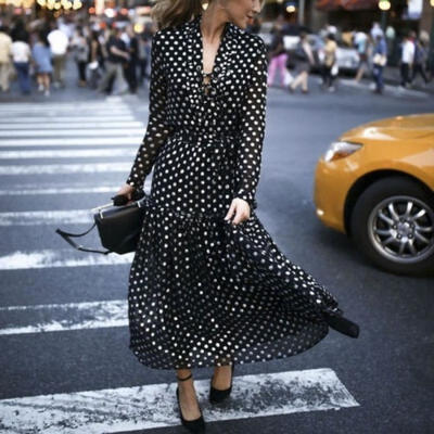 

Elegant Women Polka Dot Draped Double Breasted V-neck Long Sleeve Maxi Dress