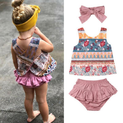 

Toddler Baby Girls Clothes Sleeveless TopsRuffle Tutu Shorts Headband Outfits