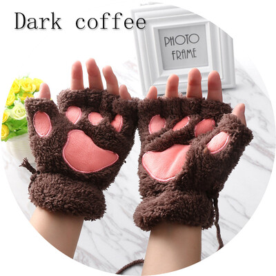 

1Pair Women Girls Lovely Winter Warm Fingerless Gloves Fluffy Bear Cat Plush Paw Claw Half Finger Gloves Mitten New
