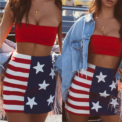 

Roseonmyhand Women Fashion Sexy Casual Print American Flag Hole Skirt