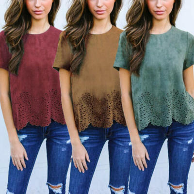 

UK Womens Suede Fabric Casual T-Shirt Ladies Summer Loose Tops Blouse Size -XL
