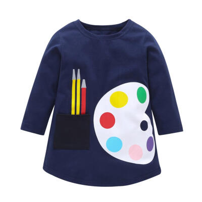 

Soft Sweet Sketchpad Print Dresses Girls Long Sleeve Clothing with Pockets