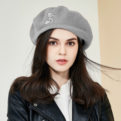 

Lan Shiyu M0542 Beret female autumn&winter Korean version of the tide fashion college wind wild painter hat wool embroidery hat light gray