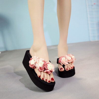 

Rose Fashion Women Slip-on Open Toe Wedges Summer Heels Color Flower Slipper Shoes