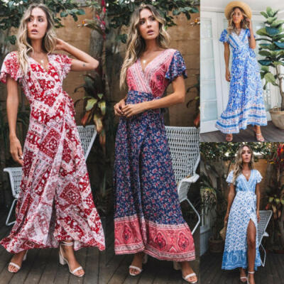 

Women Summer Boho Floral Party Evening Beach Split Casual Loose Long Maxi Dress