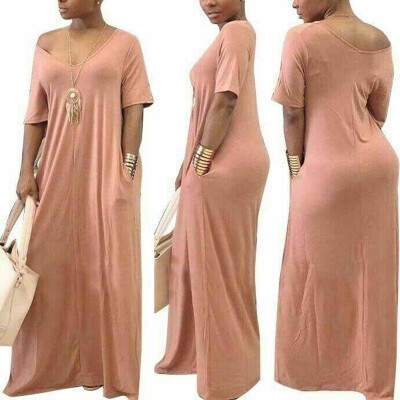 

Womens Off Shoulder Baggy Long Maxi Dress V Neck Pocket Short Sleeve Loose Sundress Oversize Plus Size