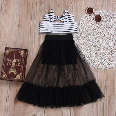 

Baby Girls Stripes Crop Tops Tulle Skirt Clothes Hot fashion 2Pcs Summer Kids Off Shoulder Outfits Set