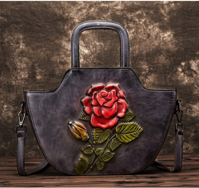 

Women Retro Shoulder Embossed Messenger Cross Body Handbag Tote National Style Top Handle Bags Female Brush Genuine Leather Bag