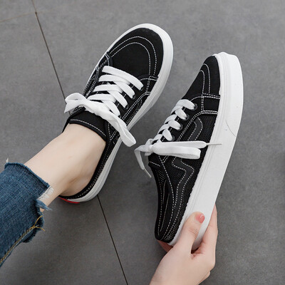 

White canvas womens shoes 2019 summer new half slippers&lazy summer shoes Joker spring tide shoes