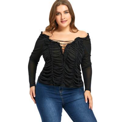 

Plus Size Ruched Sheer Plunging Blouse