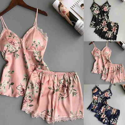 

2pcs Womens Sexy Satin Lace Sleepwear Babydoll Lingerie Nightdress Pajamas Set