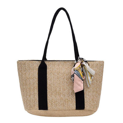 

Straw Shoulder Handbags Women Big Top-handle Bags Silk Decor Shopping Totes