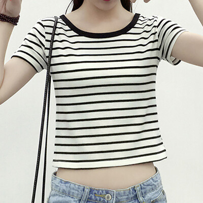

Nomeni Womens Fashion Striped Bow Shirt With Bare Belly O-neck Short Sleeve Shirt