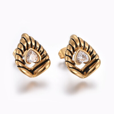 

304 Stainless Steel Stud Earrings with Rhinestone Heart Antique Golden 18x145mm Pin 08mm
