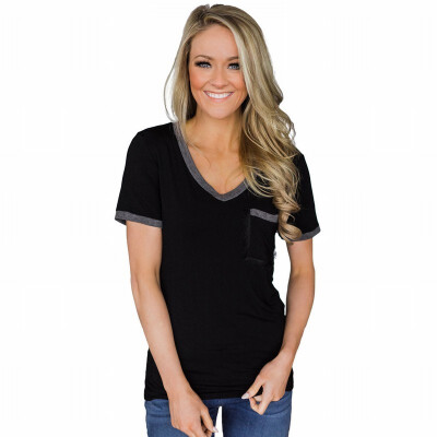 

V-neck short-sleeved pocket Slim bottoming shirt casual simple straight top