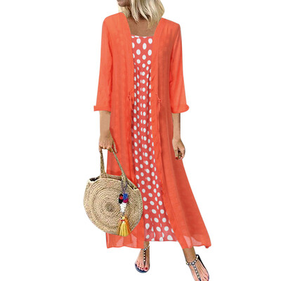 

Womens Two-piece Fashion Dot Flared Long Dress Long Sleeve Long Cardigan Coat Dress