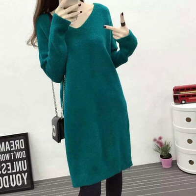 

Womens autumn&winter new Korean version of simple pure color double V neck long loose knitted sweater pullovers