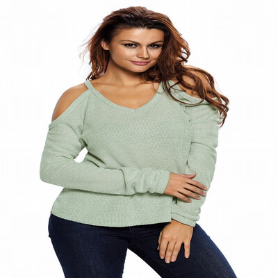 

Round neck long sleeve knit sweater hollow T-shirt casual top