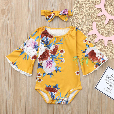 

Infant Baby Girls Long Sleevel Floral Print Jumpsuit RomperHeadband Outfits