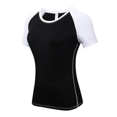 

Womens yoga tight short sleeve fitness running exercise training speed dry stretch matching color round neck T-shirt