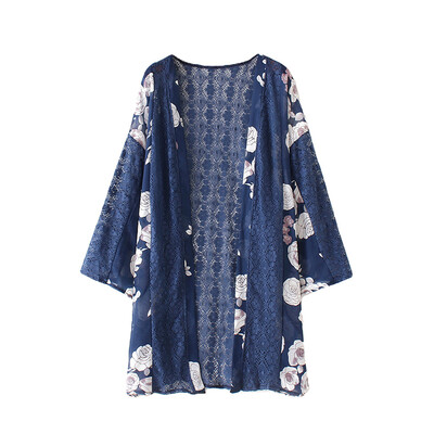 

New Women Chiffon Kimono Cardigan Floral Print Hollow Out Loose Outerwear Beachwear Bikini Cover Up Blue