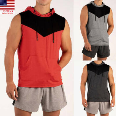 

US Mens Muscle Hoodie Tank Top Bodybuilding Gym Workout Sleeveless T-Shirt Vest