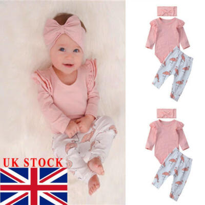 

3PCS CUTE Newborn Baby Girl Romper BodysuitFlamingo Pants Leggings Outfits Set