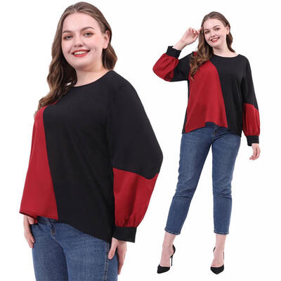 

Plus Size O-neck Tops Women Chiffon Long Sleeve T-shirts Splicing Color Tee
