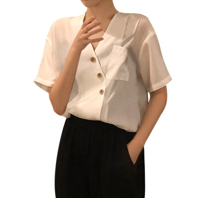 

Casual Short Sleeve Shirt Women Summer Blouse Female V Neck small fresh shirt solid color Chic Korean version