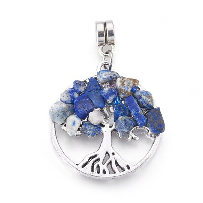 

Alloy European Dangle Beads with Natural Lapis Lazuli Chips Flat Round with Tree Antique Silver 38mm Hole 4mm 28x25x45mm