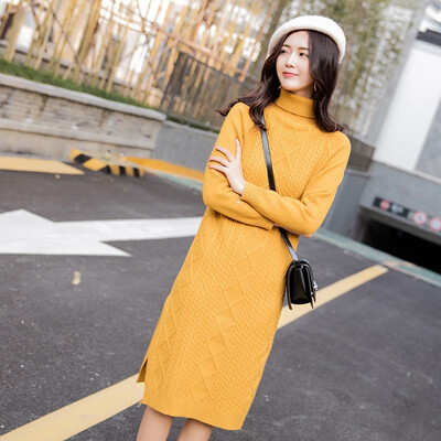 

Autumn&winter turtleneck women with a thick&loose size to show thin&long wool dress over the knee sweater dress