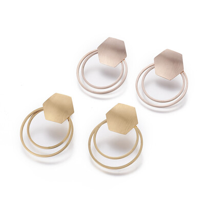 

304 Stainless Steel Stud Earrings Hexagon with Flat Round Mixed Color 36mm Pin 08mm