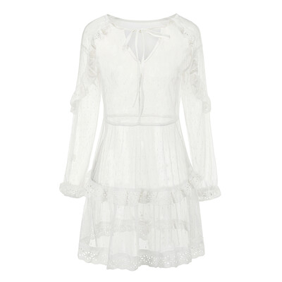 

Women Sheer Cover up Dress Hollow Out Dot Mesh Ruffles See Through Lace Beach Bikini Cover Ups Dress