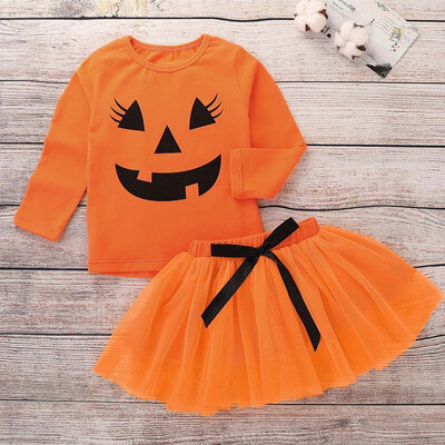

Toddler Baby Girls Pumpkin Cartoon Print Long Sleeve TopsBow Skirt Outfit Set