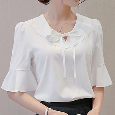 

Starmoon Women Summer Korean Solid Color V Neck Short Sleeve Chiffon Blouse Top