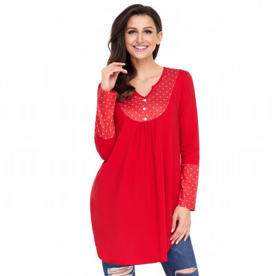 

Solid color V-neck long sleeve dot stitching mid-length casual top