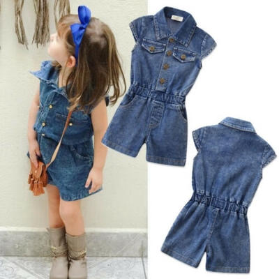 

Girls Short Sleeve Denim Summer Casual Dress Jumpsuit 2-7Y