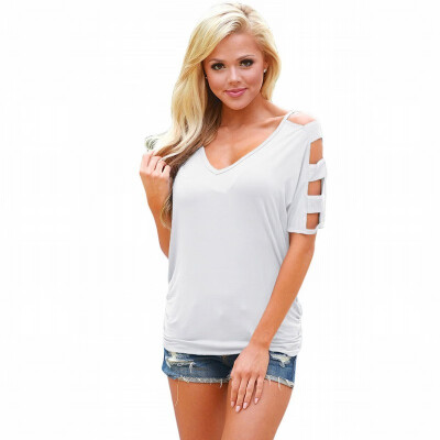 

V-neck short-sleeved line stitching cold shoulder slung tight T-shirt casual top