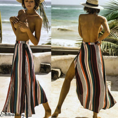 

Womens Summer High Waist Maxi Skirts Striped Split Beachwear Long Casual Dress