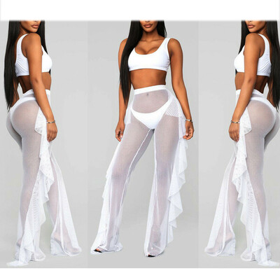

Women Full Length Wide Leg Trousers Party Mesh Sheer Ruffle Beach Cover Up Pants