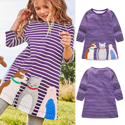 

Toddler Kids Baby Girls Long Sleeve Cartoon Animal Stripe Dress Outfits Clothes