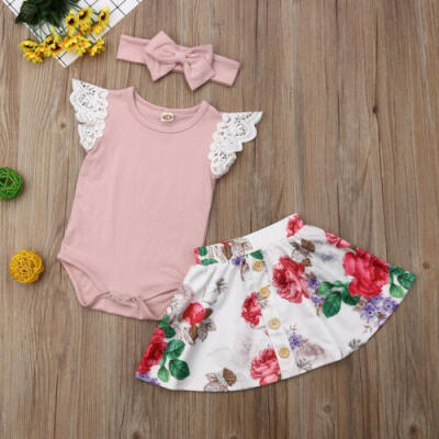 

Newborn Infant Baby Girls Lace Tops Romper Floral Skirt Dress Headband Outfits