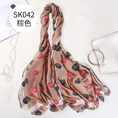 

New rose flower print scarf satin silk scarf super large sunscreen shawl art fan wild SK042