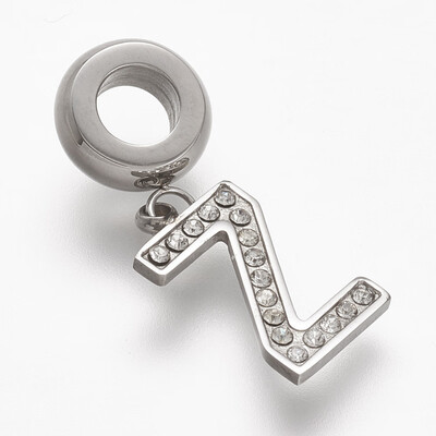 

304 Stainless Steel European Dangle Beads with Rhinestone LetterZ 25mm Hole 45mm 145x8x15mm
