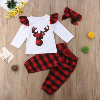 

Newborn Baby Boy Girl Xmas Deer Plaid Tops Bow Pants Leggings 3Pcs Outfits Set