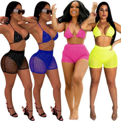 

Women Rhinestone Push-up Bra Bandage Bikini Set Swimsuit Mesh Swimwear Bathing